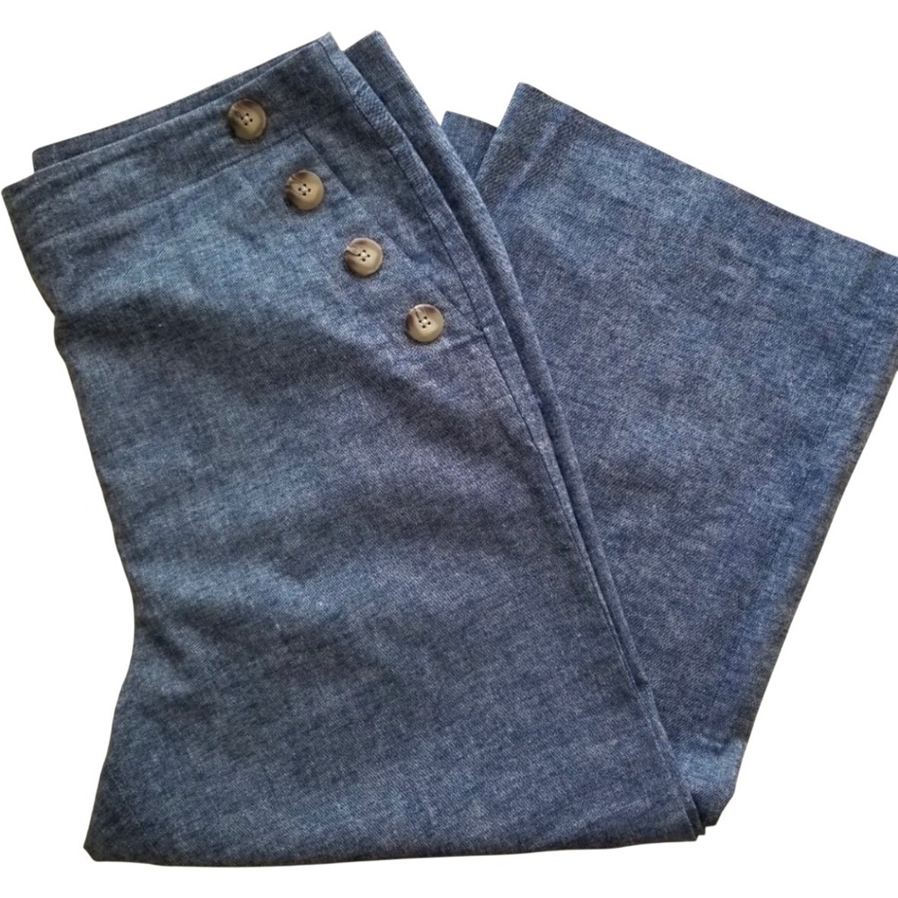 (A9) Ann Taylor 12P Chambray Pants Blue Sailor Button Wide Leg Crop Trousers